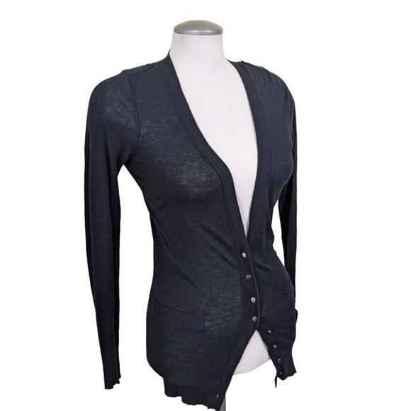 Club Monaco Cardigan Womens XS Black Button Pockets Epaulettes Silk Blend Light - Picture 3 of 6